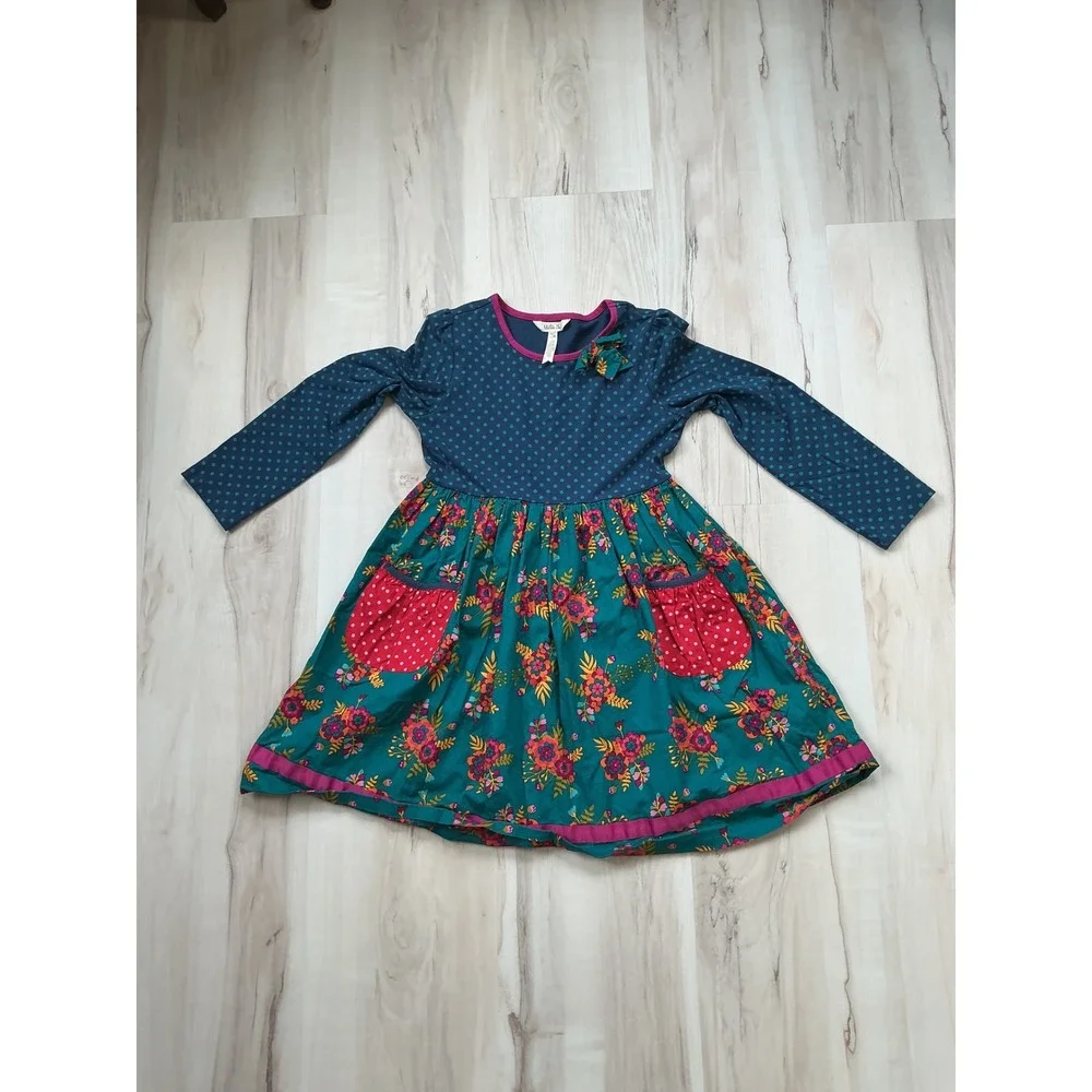 Matilda Jane Girls Long Sleeve Mixed Media Floral Polka Dot Dress Size 10 28035D